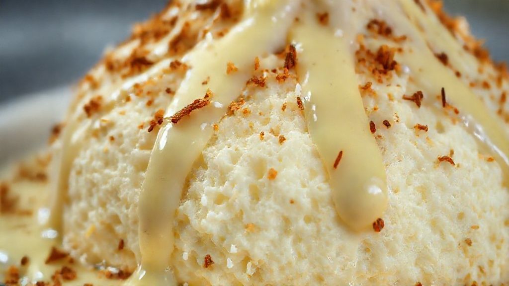 Close-up do bolo cortado mostrando a calda de coco escorrendo pelo interior