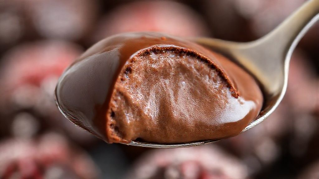 Close-up do brigadeiro de colher com textura brilhante e cremosa, servido em potinho