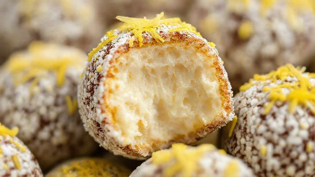 Close-up de um brigadeiro de limão sem açúcar mordido, mostrando interior cremoso e raspas de limão