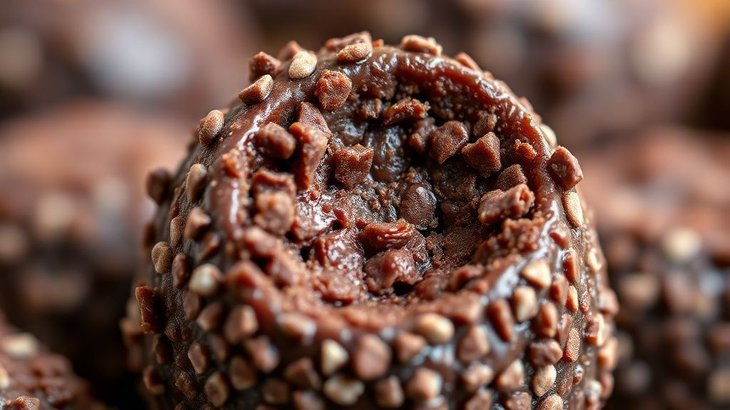 Close-up do brigadeiro pronto, destacando o brilho e a textura cremosa