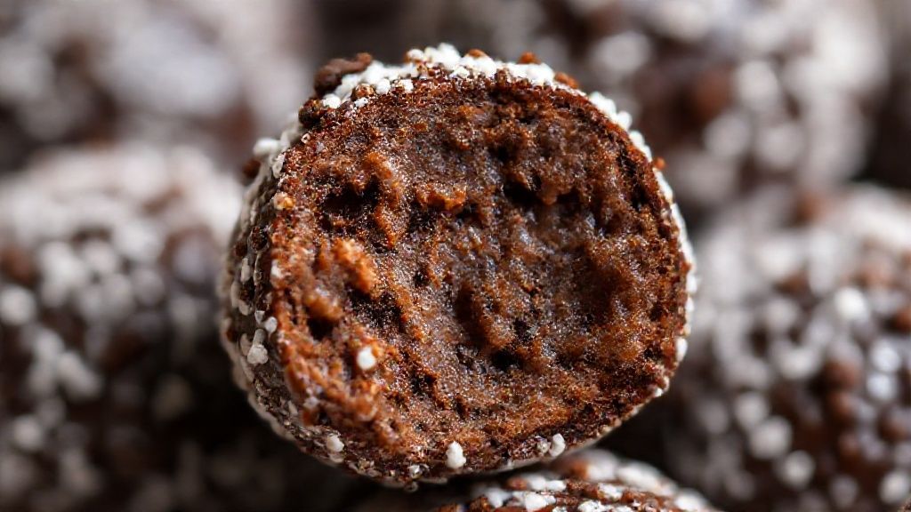 Close-up do brigadeiro cremoso com textura brilhante e granulado por cima