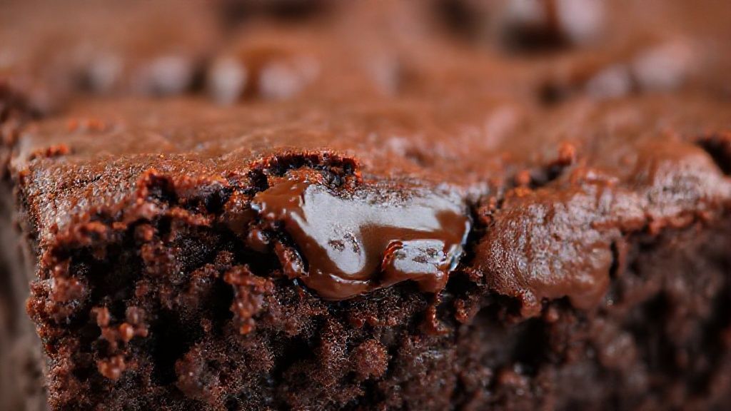 Close-up do brownie sem açúcar mostrando sua textura úmida e pedaços de chocolate derretido