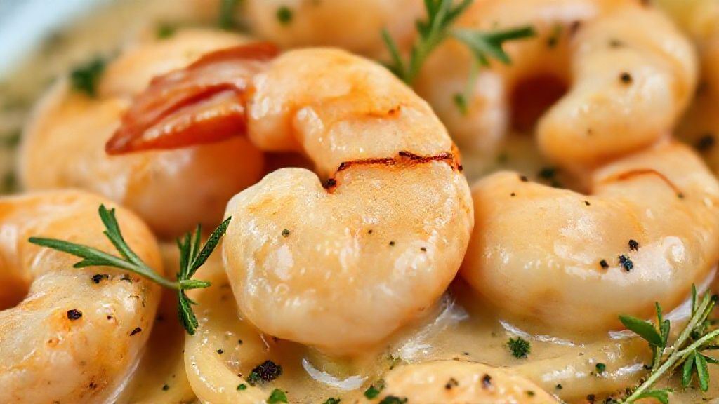 Close-up de camarões ao molho cremoso servidos em prato branco, evidenciando brilho e textura
