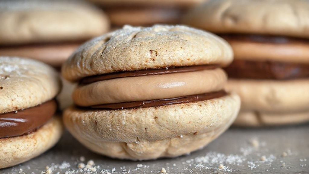 Close-up mostrando o interior cremoso do casadinho e o contraste entre as camadas