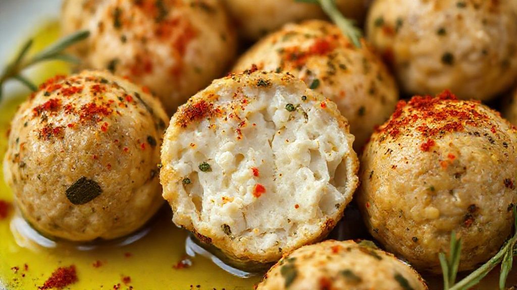 Close-up das bolinhas de chancliche prontas, cobertas por azeite e especiarias, destacando textura e cor.