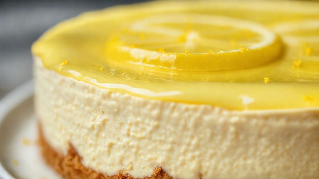 Close-up do cheesecake cortado, mostrando a textura cremosa do recheio e a cobertura brilhante com raspas de limão