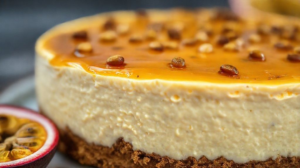 Close-up do cheesecake de maracujá finalizado, destacando a textura cremosa e a calda brilhante com sementes da fruta