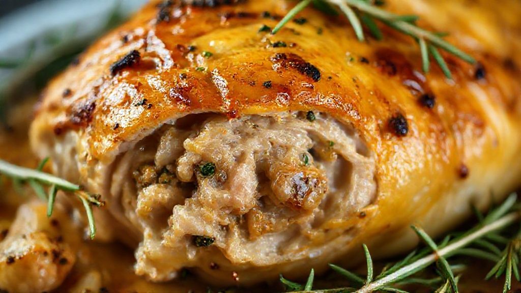 Close-up do chester assado fatiado, mostrando o recheio úmido e a pele dourada e crocante.