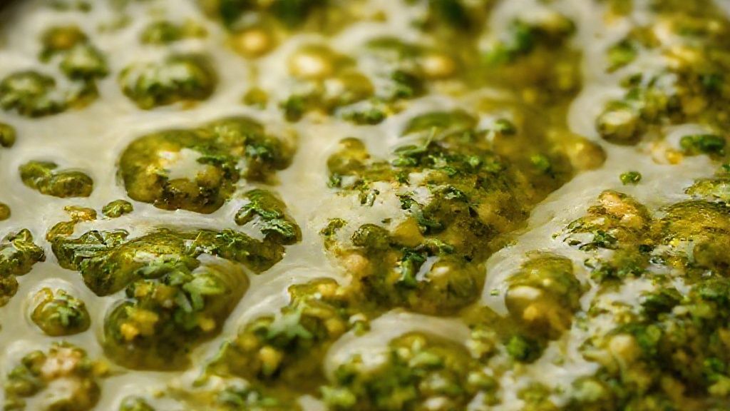 Close-up do chimichurri finalizado mostrando textura rústica e ervas brilhantes