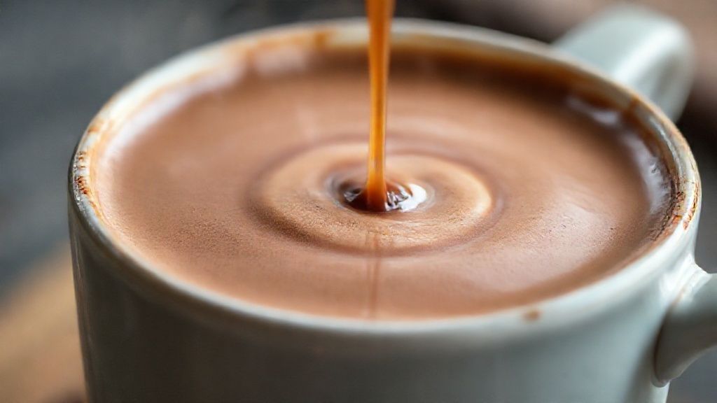 Close-up da superfície cremosa e brilhante do chocolate quente, com vapor e um toque de raspas de chocolate no topo
