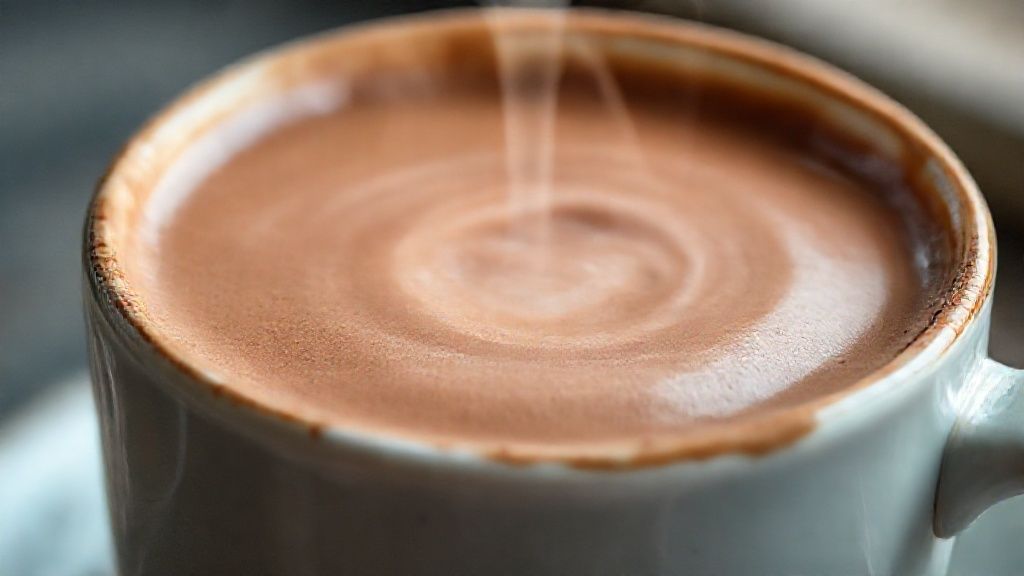 Close-up do chocolate quente espesso sendo derramado em uma caneca, destacando a textura aveludada.