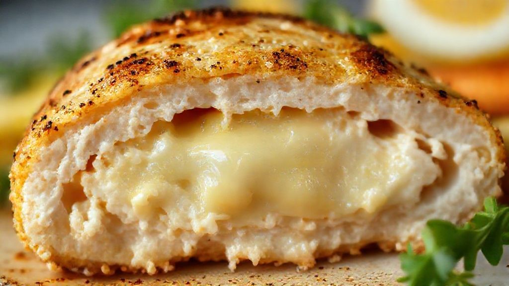 Close-up do corte do cordon bleu mostrando o queijo derretendo e a textura crocante