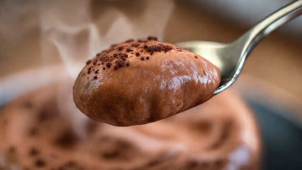 Close-up do creme Bariloche com textura aveludada e raspas de chocolate no topo