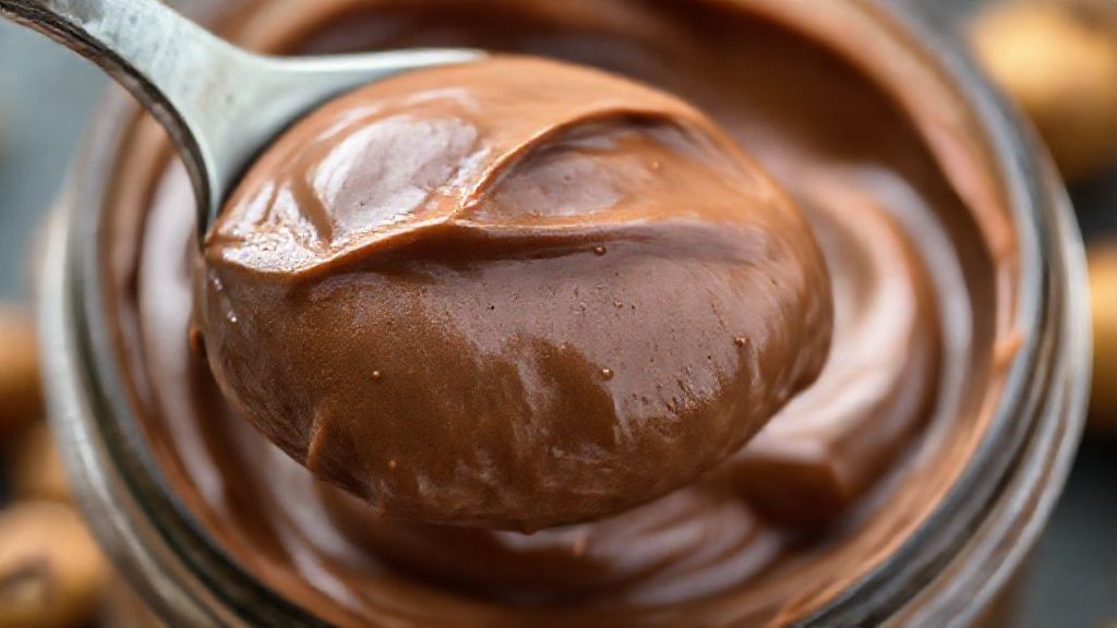 Close-up do creme com brilho e textura lisa sendo espalhado em uma torrada