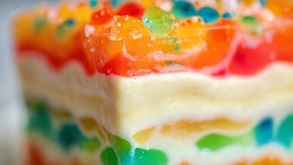 Close-up mostrando as camadas de gelatina colorida e creme, com brilho e textura suaves