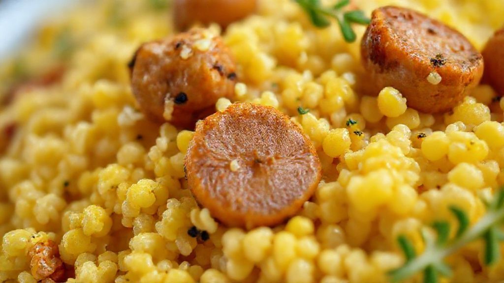 Close-up mostrando a textura soltinha do cuscuz e os pedaços dourados de calabresa e bacon