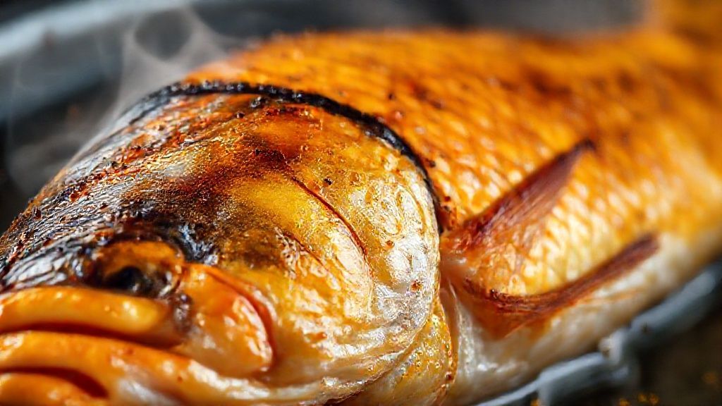 Close-up do peixe assado com pele dourada e textura suculenta, destacando brilho e legumes ao redor