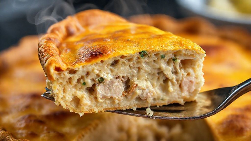 Close-up do empadão cortado, destacando a textura dourada da massa e o recheio cremoso de frango.