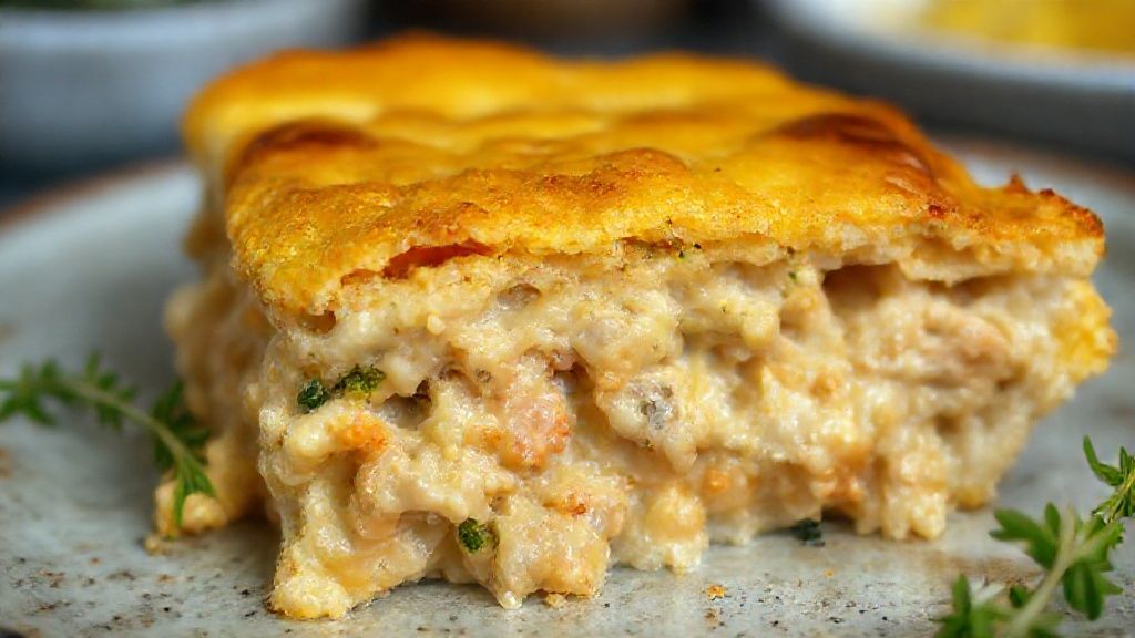 Close-up mostrando a colher pegando uma porção do escondidinho, revelando camadas cremosas de purê e frango