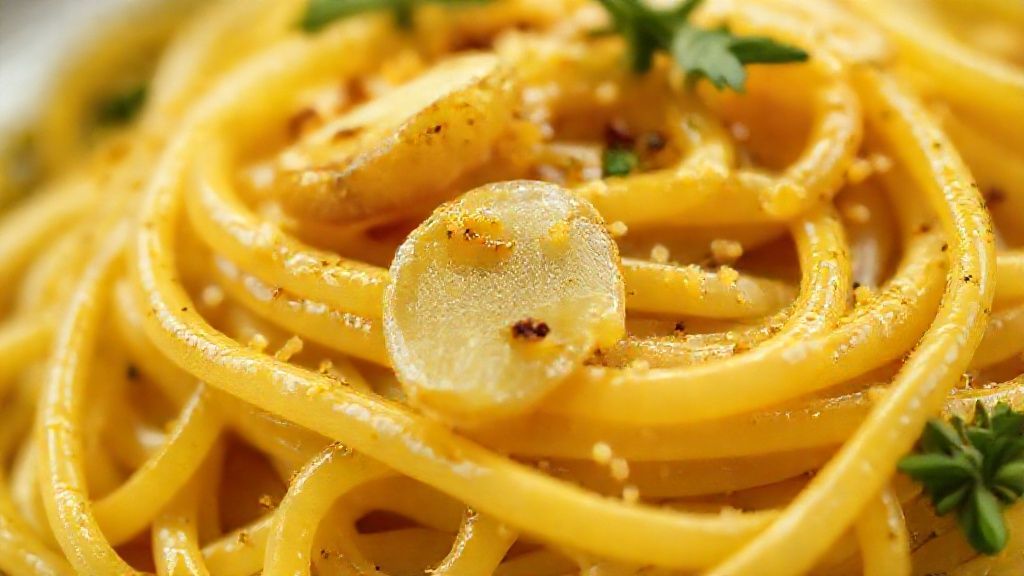 Close-up do espaguete pronto com alho dourado e salsinha, destacando o brilho do azeite.