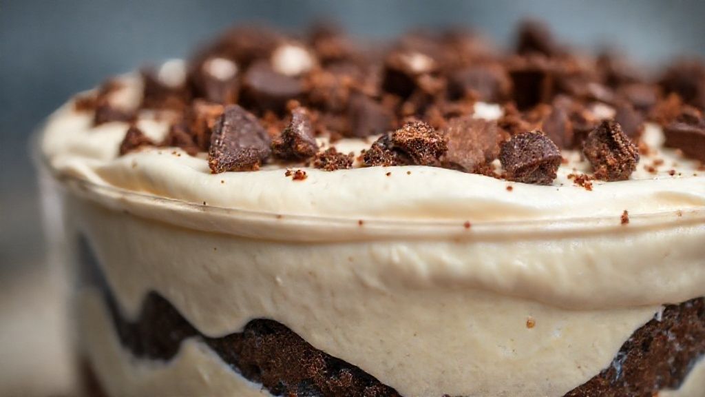 Close-up do doce gelado mostrando a textura cremosa e os pedaços crocantes de Bis no topo