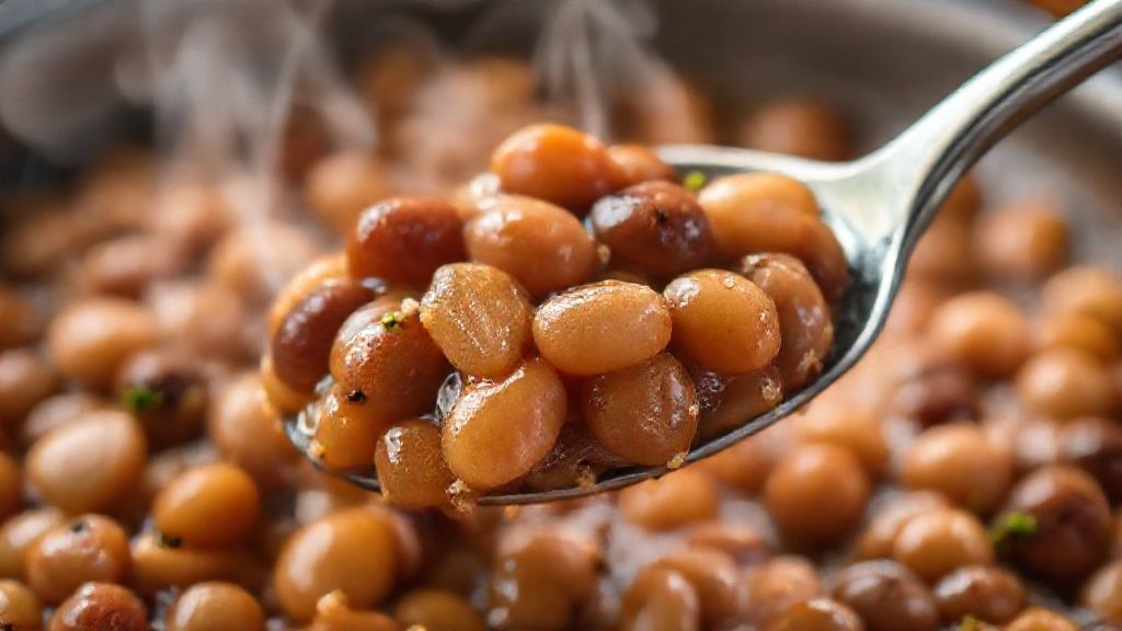 Close-up do feijão pronto com caldo denso e grãos inteiros, destacando textura e cor