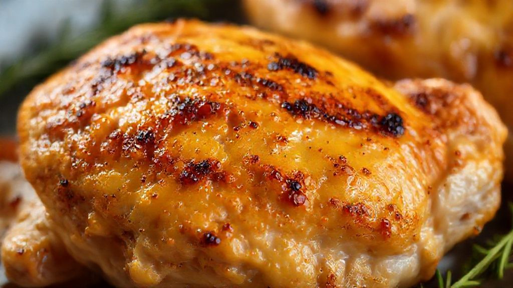 Close-up mostrando a textura dourada e a suculência do frango recém-assado