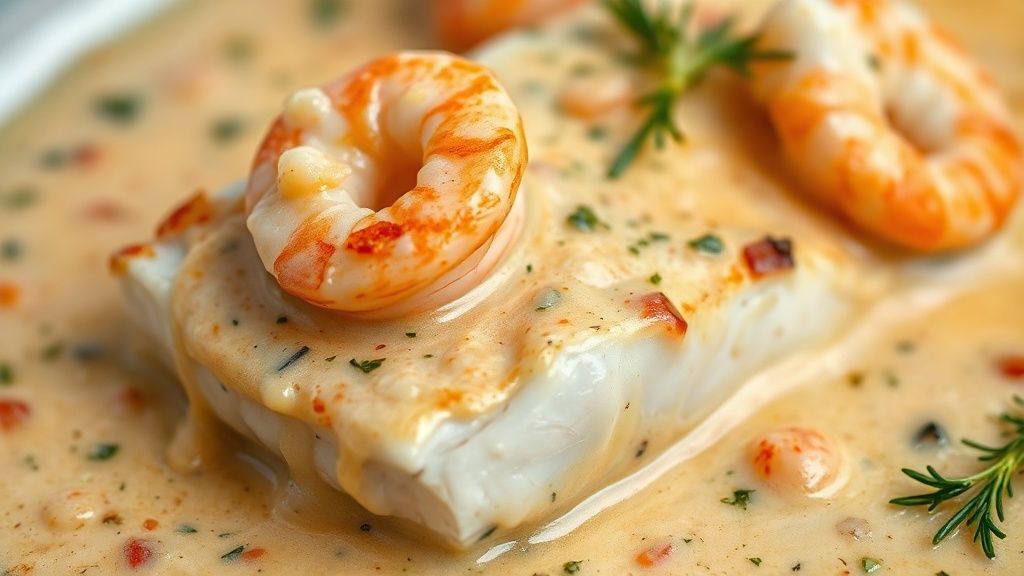 Close-up mostrando o molho cremoso brilhante sobre o peixe, com pedaços de camarão e salsinha fresca.