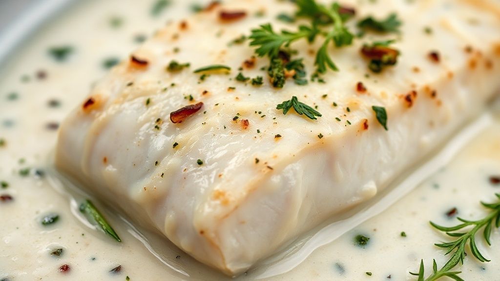Close-up do prato com o peixe coberto por molho cremoso de coco e coentro fresco