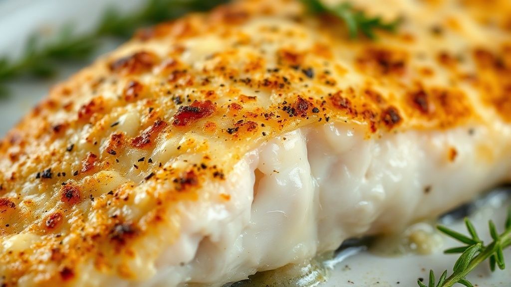 Close-up do filé gratinado destacando a textura crocante e o queijo dourado
