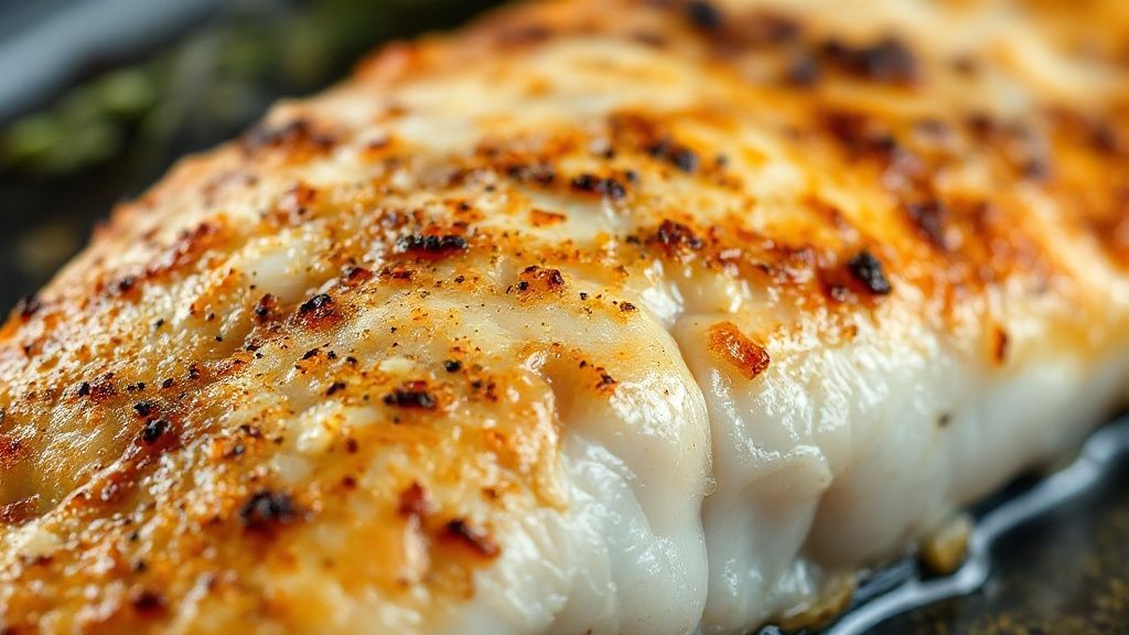 Close-up do filé de tilápia assado mostrando textura suculenta e leve dourado nas bordas com ervas frescas