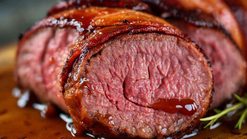 Close-up da carne fatiada com bacon crocante, destacando textura suculenta e brilho do molho