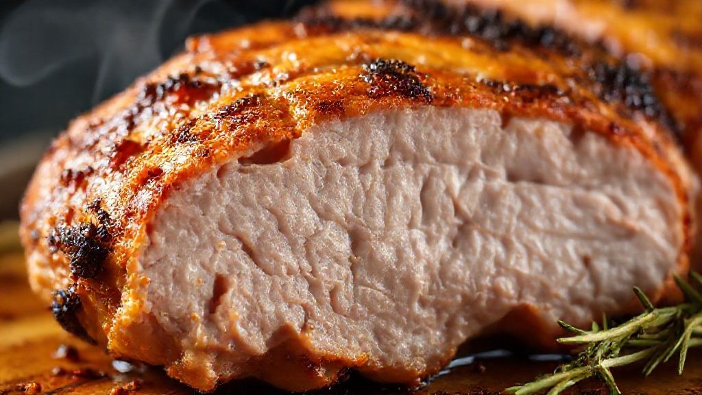 Close-up da carne suína assada fatiada, com brilho e textura suculenta