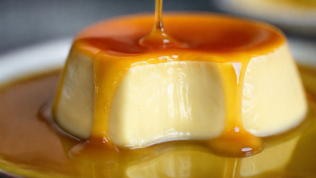 Close-up mostrando a textura suave do flan e o brilho intenso da calda de caramelo escorrendo.
