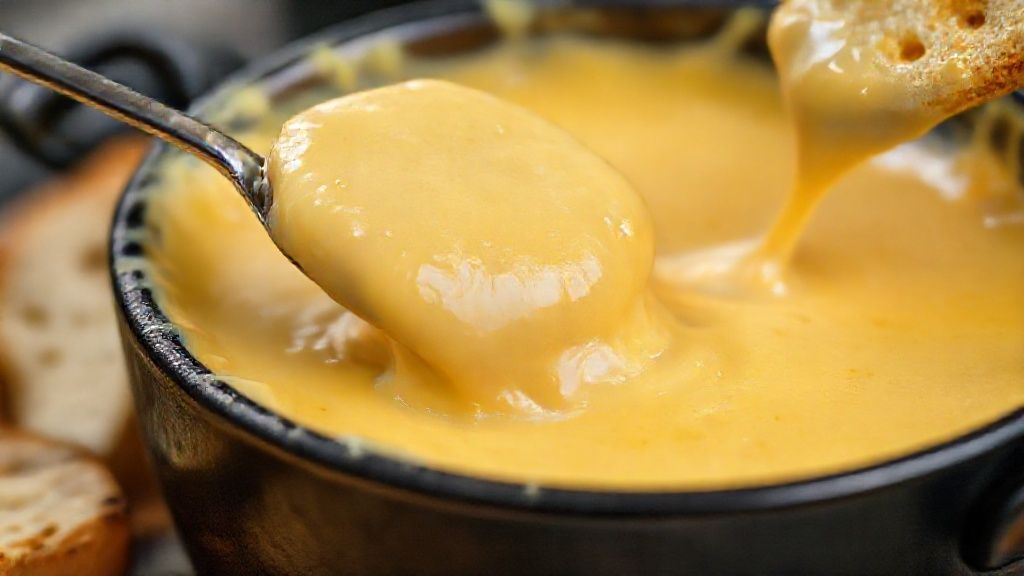 Close-up do fondue de queijo cremoso com pão sendo mergulhado, destacando a textura elástica do queijo