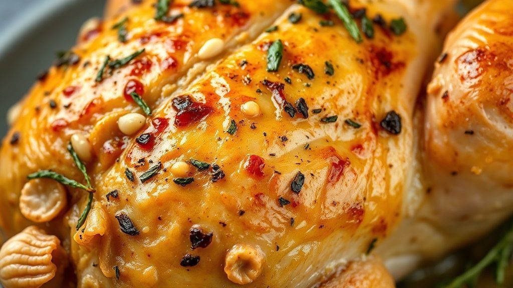 Close-up do frango dourado com alho cremoso e ervas frescas ressaltando textura e brilho do prato.