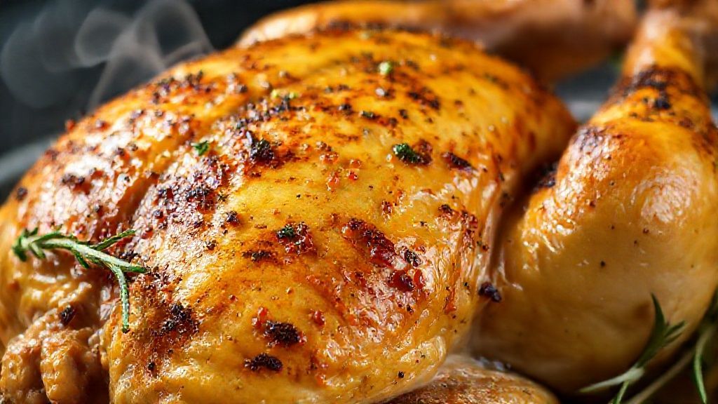 Close-up do frango pronto com pele crocante e rodelas de limão sobre a carne dourada