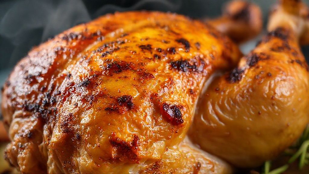 Close-up do frango assado reaquecido mostrando pele dourada e textura crocante