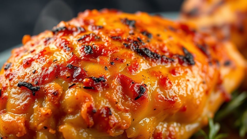 Close-up do frango assado com páprica, destacando textura dourada e aroma intenso