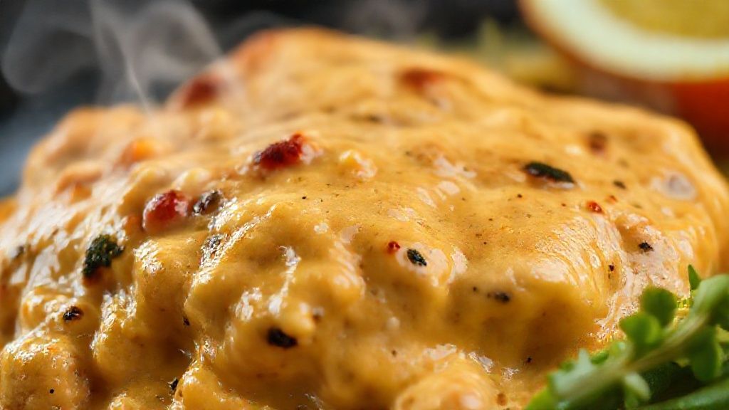 Close-up do frango cremoso pronto, destacando textura do molho e pedaços de frango desfiado