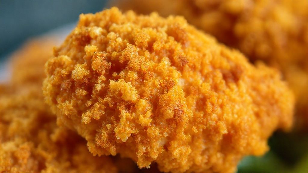 Close-up do frango empanado crocante e dourado destacando textura e brilho