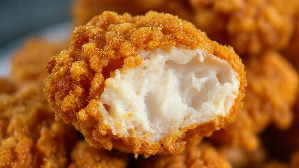 Close-up do frango frito dourado, destacando a textura crocante e a suculência interna