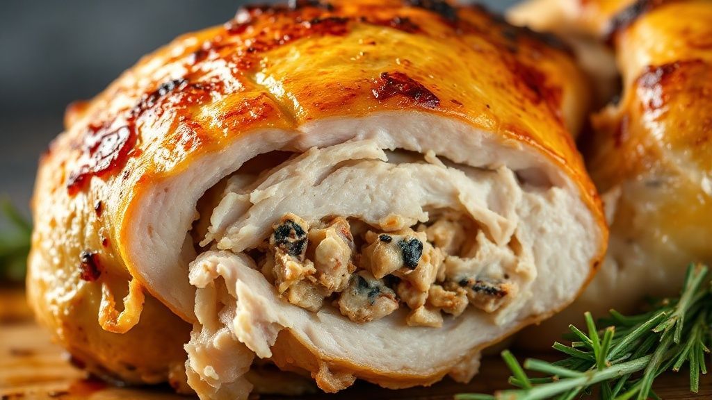Close-up do frango dourado recém-saído do forno, destacando a pele crocante e o recheio no corte