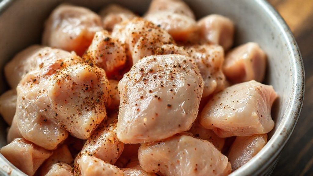 Close-up do frango cru temperado em recipiente, destacando a textura e frescor das peças prontas para o cozimento