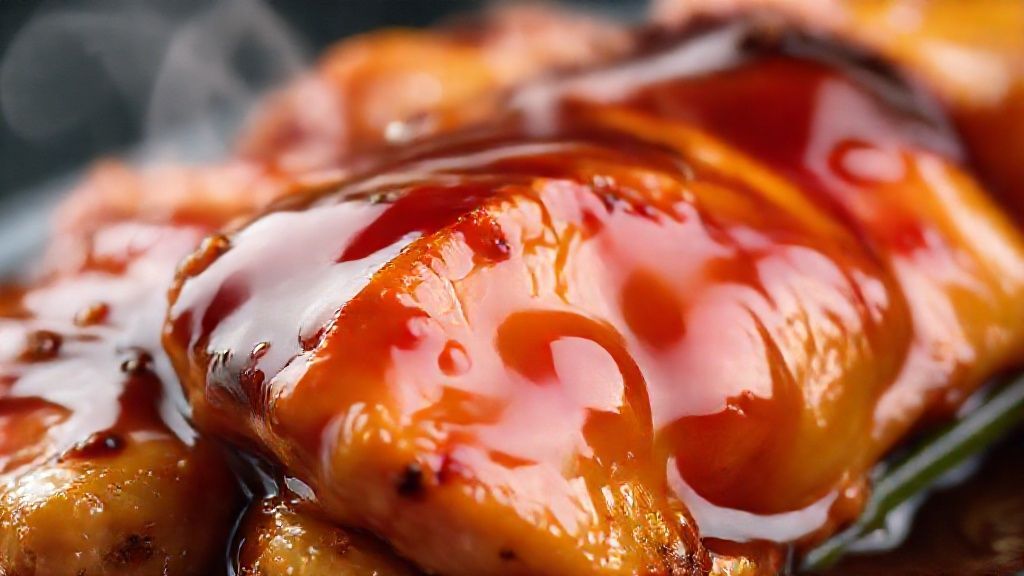 Close-up do frango teriyaki pronto, destacando o brilho do molho e a textura suculenta da carne.