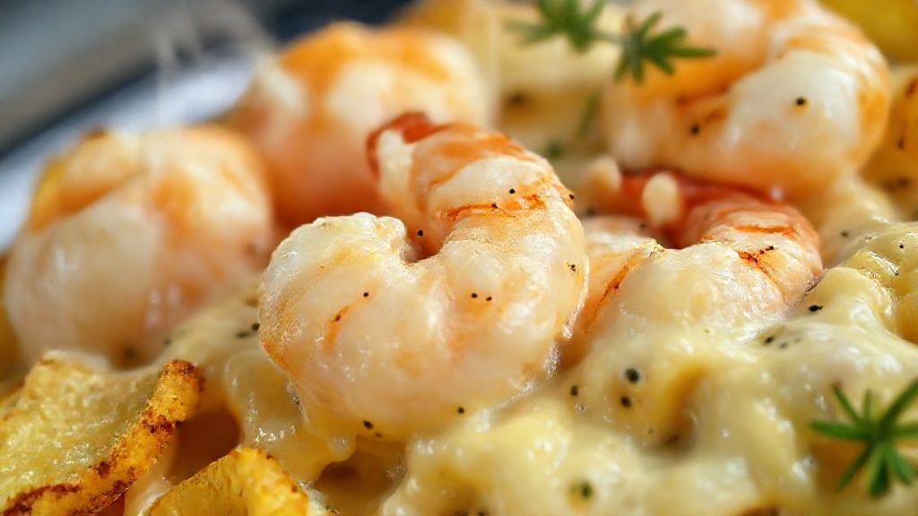 Close-up do fricassê de camarão cremoso gratinado, com queijo derretido e batata palha dourada