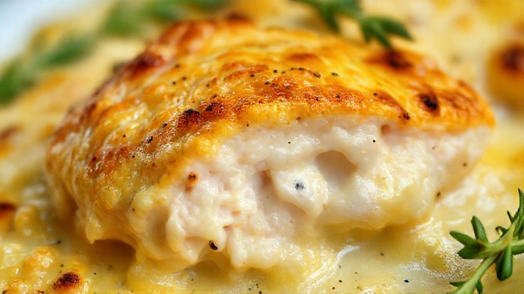 Close-up do fricassê de frango cremoso gratinado, mostrando o creme e a textura dourada