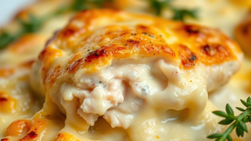 Close-up do fricassê de frango servido, com queijo derretido e textura cremosa realçada