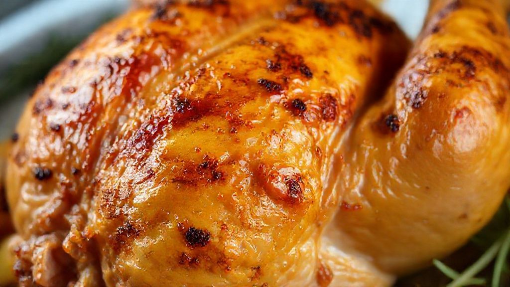 Close-up do galeto assado mostrando a pele crocante e a textura suculenta