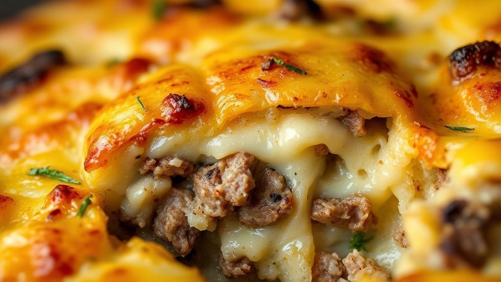 Close-up mostrando a camada dourada de queijo e o interior cremoso do gratinado recém-saído do forno.